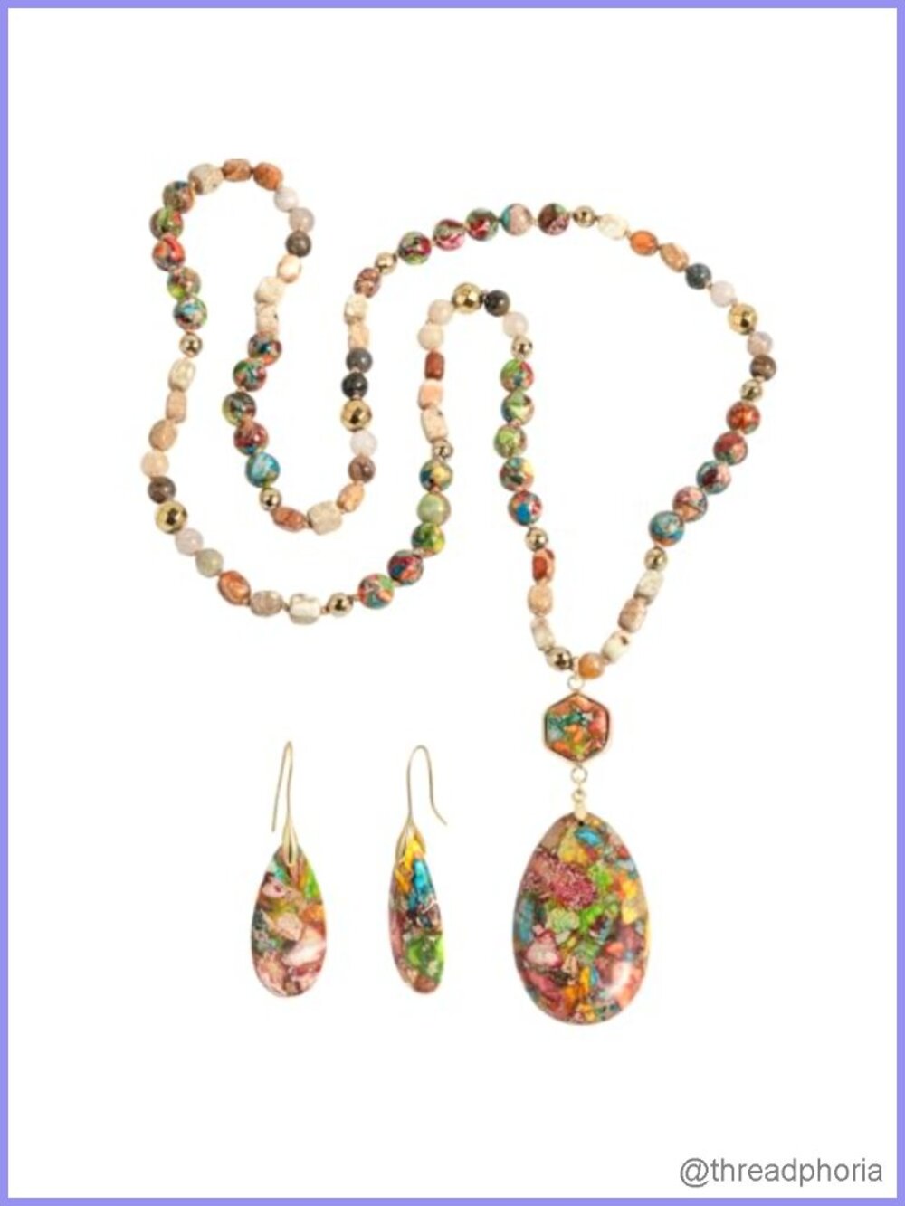 Boho Handmade Natural Stone Beaded Necklace & 18K Gold Plated Earrings Set
